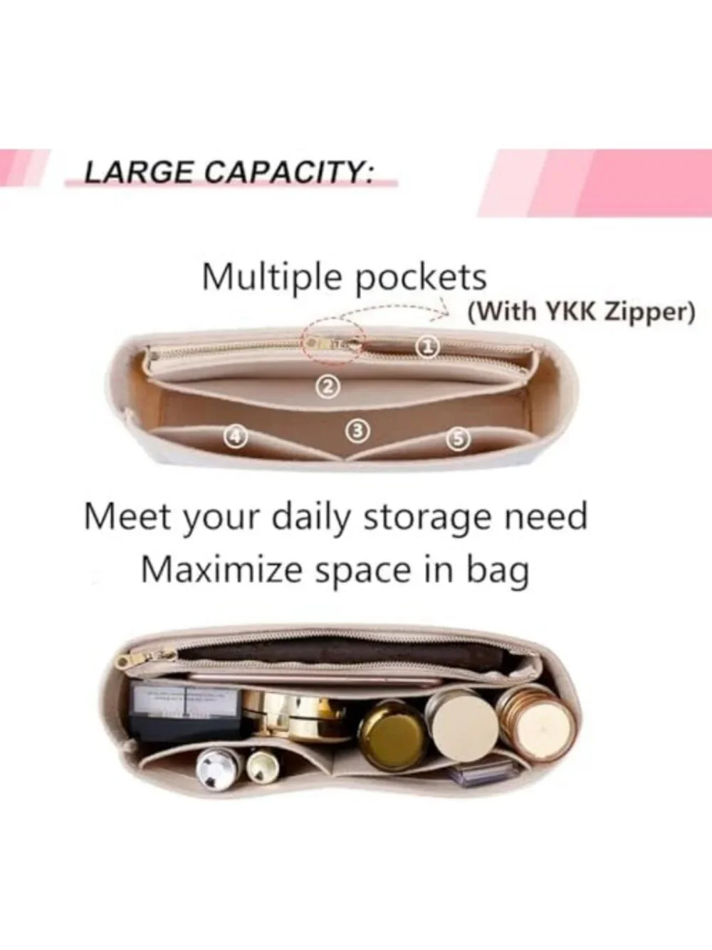 Beige Felt Mini Purse Organizer with Zipper - Ideal for Handbags & Shoulder Bags